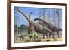 Giraffatitan and Dicraeosaurus Dinosaurs Grazing in a Prehistoric Environment-null-Framed Art Print