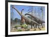 Giraffatitan and Dicraeosaurus Dinosaurs Grazing in a Prehistoric Environment-null-Framed Art Print