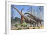 Giraffatitan and Dicraeosaurus Dinosaurs Grazing in a Prehistoric Environment-null-Framed Premium Giclee Print