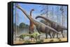 Giraffatitan and Dicraeosaurus Dinosaurs Grazing in a Prehistoric Environment-null-Framed Stretched Canvas