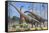 Giraffatitan and Dicraeosaurus Dinosaurs Grazing in a Prehistoric Environment-null-Framed Stretched Canvas