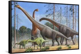 Giraffatitan and Dicraeosaurus Dinosaurs Grazing in a Prehistoric Environment-null-Framed Stretched Canvas