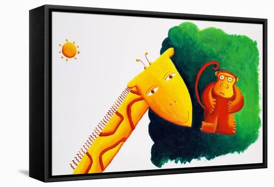 Giraffe and Monkey, 2002-Julie Nicholls-Framed Stretched Canvas