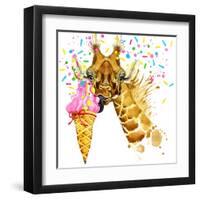 Giraffe Illustration with Splash Watercolor Textured Background-Dabrynina Alena-Framed Art Print