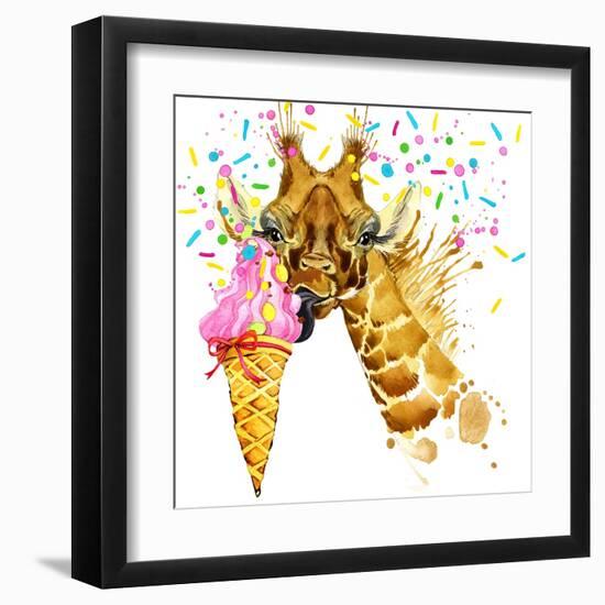 Giraffe Illustration with Splash Watercolor Textured Background-Dabrynina Alena-Framed Art Print