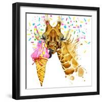 Giraffe Illustration with Splash Watercolor Textured Background-Dabrynina Alena-Framed Art Print