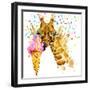 Giraffe Illustration with Splash Watercolor Textured Background-Dabrynina Alena-Framed Art Print