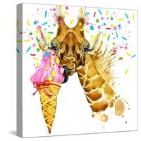 Giraffe Illustration with Splash Watercolor Textured Background-Dabrynina Alena-Stretched Canvas