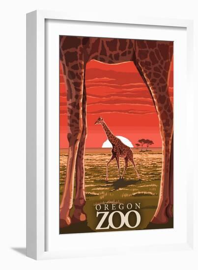 Giraffe Sunset - Oregon Zoo-Lantern Press-Framed Art Print