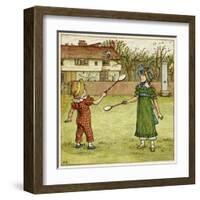 Girl and Boy Playing Shuttlecock and Battledore on the Grass-Kate Greenaway-Framed Art Print