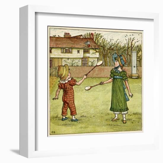 Girl and Boy Playing Shuttlecock and Battledore on the Grass-Kate Greenaway-Framed Art Print