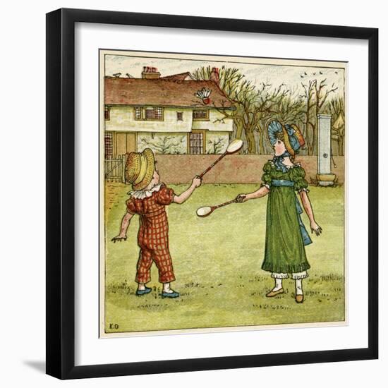 Girl and Boy Playing Shuttlecock and Battledore on the Grass-Kate Greenaway-Framed Art Print