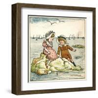 Girl and Boy Sitting on a Rock-Kate Greenaway-Framed Art Print