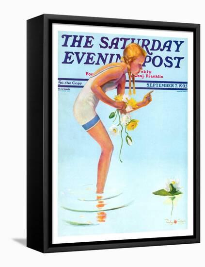 "Girl and Water Lilies," Saturday Evening Post Cover, September 7, 1935-Penrhyn Stanlaws-Framed Stretched Canvas