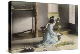 Girl Arranging Flowers (Hand Coloured Photo)-Japanese Photographer-Stretched Canvas