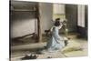 Girl Arranging Flowers (Hand Coloured Photo)-Japanese Photographer-Stretched Canvas