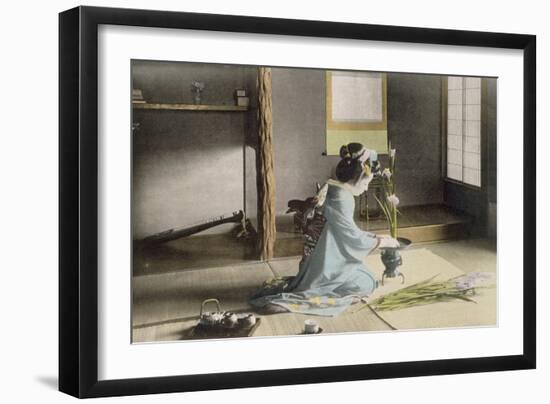Girl Arranging Flowers (Hand Coloured Photo)-Japanese Photographer-Framed Giclee Print