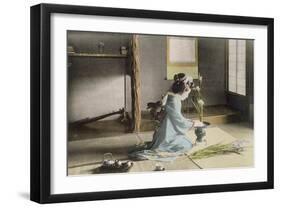 Girl Arranging Flowers (Hand Coloured Photo)-Japanese Photographer-Framed Giclee Print