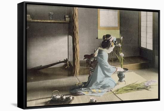 Girl Arranging Flowers (Hand Coloured Photo)-Japanese Photographer-Framed Stretched Canvas