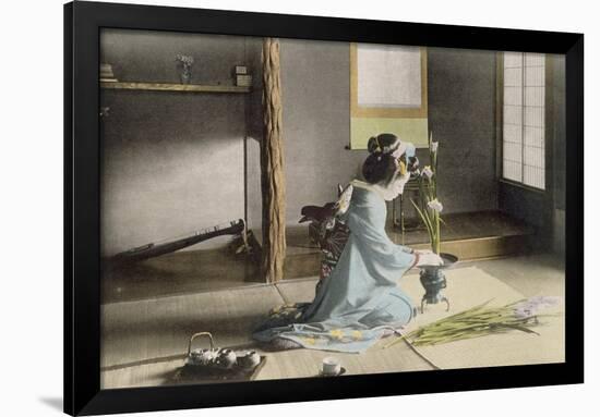 Girl Arranging Flowers (Hand Coloured Photo)-Japanese Photographer-Framed Giclee Print