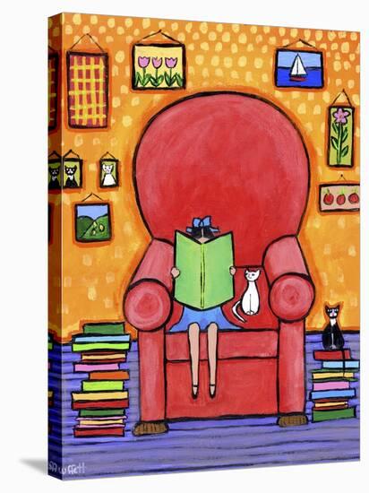 Girl Books Cats Reading Chair-Shelagh Duffett-Stretched Canvas