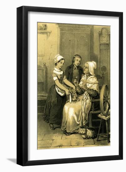 Girl Boy Lady Spinning Wheel Flowers 19th Century Clock Cupboard Marianne Chair Cat-null-Framed Giclee Print