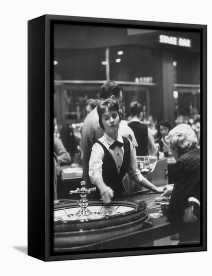 Girl Croupier at Harrah's Club-Nat Farbman-Framed Stretched Canvas