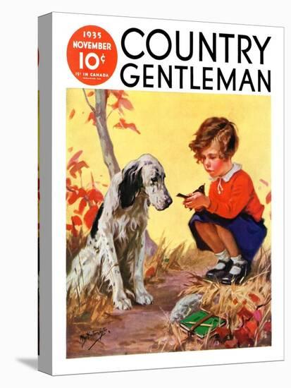 "Girl, Dog and Injured Bird," Country Gentleman Cover, November 1, 1935-Henry Hintermeister-Stretched Canvas