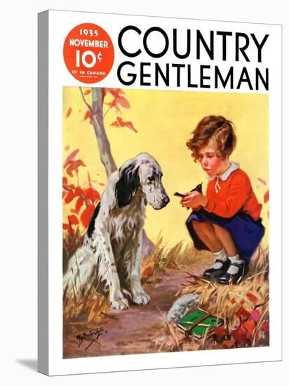 "Girl, Dog and Injured Bird," Country Gentleman Cover, November 1, 1935-Henry Hintermeister-Stretched Canvas