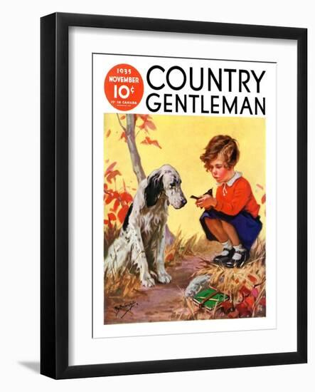 "Girl, Dog and Injured Bird," Country Gentleman Cover, November 1, 1935-Henry Hintermeister-Framed Giclee Print