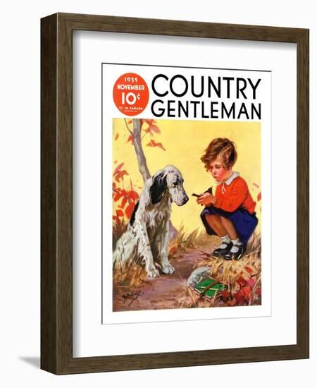 "Girl, Dog and Injured Bird," Country Gentleman Cover, November 1, 1935-Henry Hintermeister-Framed Giclee Print