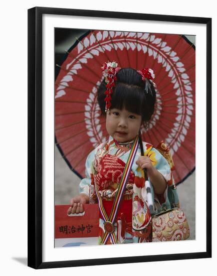 Girl Dressed in Kimono, Shichi-Go-San Festival (Festival for Three, Five, Seven Year Old Children)-null-Framed Premium Photographic Print