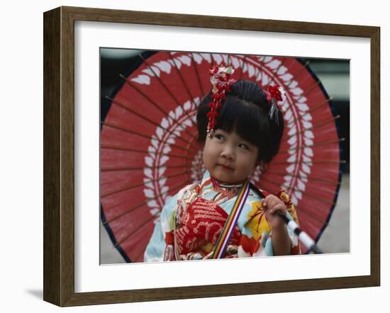 Girl Dressed in Kimono, Shichi-Go-San Festival (Festival for Three, Five, Seven Year Old Children)-null-Framed Premium Photographic Print