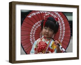 Girl Dressed in Kimono, Shichi-Go-San Festival (Festival for Three, Five, Seven Year Old Children)-null-Framed Premium Photographic Print