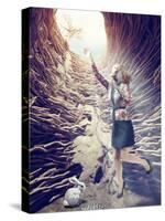 Girl Flies out of a Deep Hole toward the Sunlight. Creative Concept-viczast-Stretched Canvas