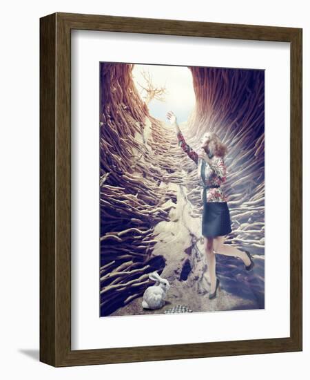 Girl Flies out of a Deep Hole toward the Sunlight. Creative Concept-viczast-Framed Photographic Print