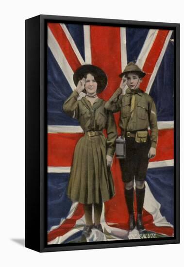 Girl Guide and Boy Scout Saluting in Front of the Union Flag-null-Framed Stretched Canvas