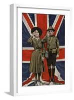 Girl Guide and Boy Scout Saluting in Front of the Union Flag-null-Framed Photographic Print