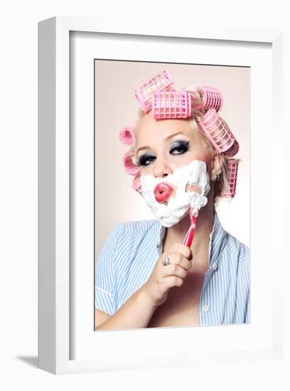 Girl Having a Quick Shave-null-Framed Art Print