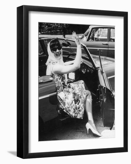 Girl in a Flower Print Dress, High Heels, Headscarf and Sunglasses Steps out of a Convertible Car-null-Framed Photographic Print