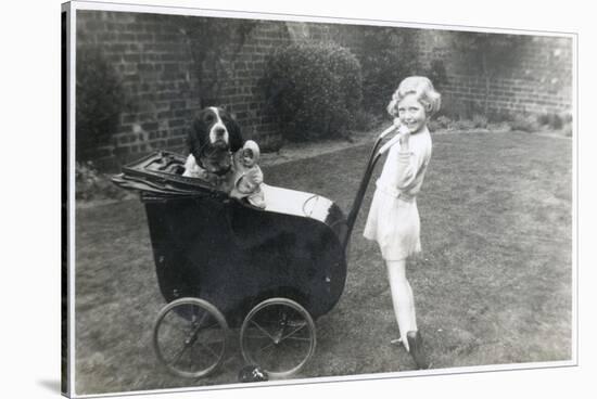 Girl in a Garden with Dog and Doll in Pram-null-Stretched Canvas