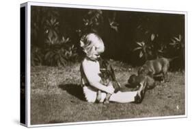 Girl in a Garden with Irish Setter Puppies-null-Stretched Canvas