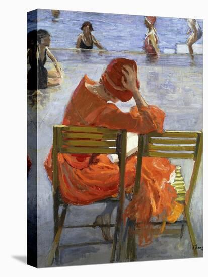 Girl in a Red Dress, Seated by a Swimming Pool, 1936-Sir John Lavery-Stretched Canvas