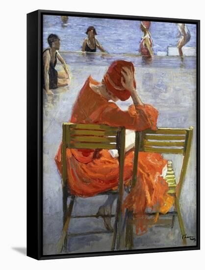 Girl in a Red Dress, Seated by a Swimming Pool-Sir John Lavery-Framed Stretched Canvas