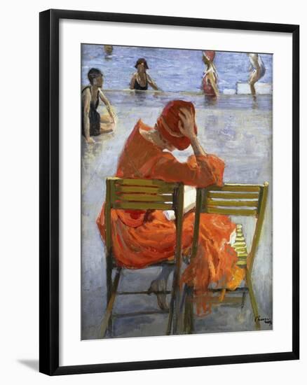 Girl in a Red Dress, Seated by a Swimming Pool-Sir John Lavery-Framed Giclee Print