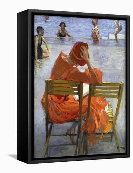 Girl in a Red Dress, Seated by a Swimming Pool-Sir John Lavery-Framed Stretched Canvas