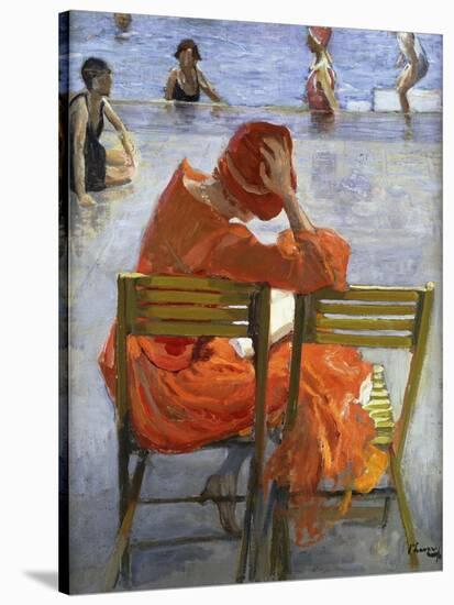 Girl in a Red Dress, Seated by a Swimming Pool-Sir John Lavery-Stretched Canvas