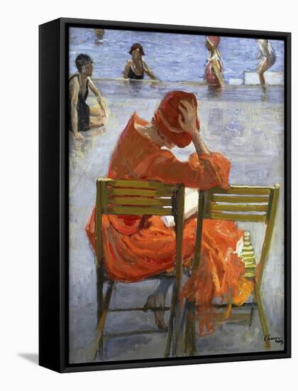 Girl in a Red Dress, Seated by a Swimming Pool-Sir John Lavery-Framed Stretched Canvas