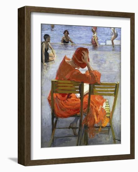 Girl in a Red Dress, Seated by a Swimming Pool-Sir John Lavery-Framed Giclee Print