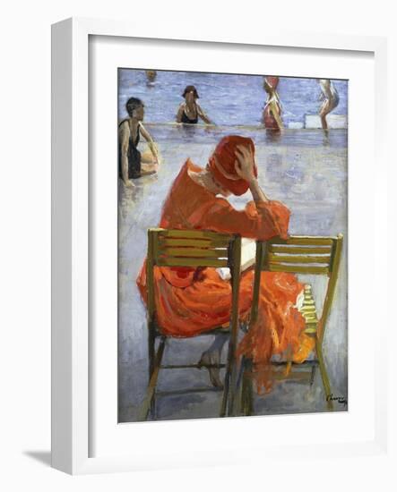 Girl in a Red Dress, Seated by a Swimming Pool-Sir John Lavery-Framed Giclee Print